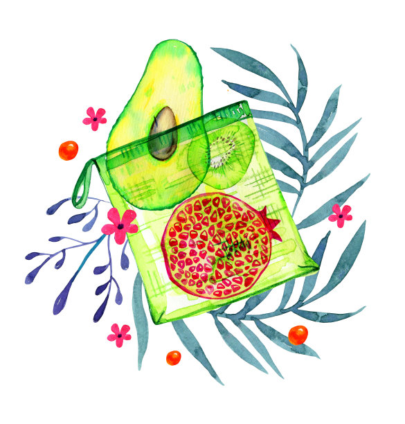 用纺织品环保购物袋和水果组成。背景上有花草。手绘水彩素描插图图片下载