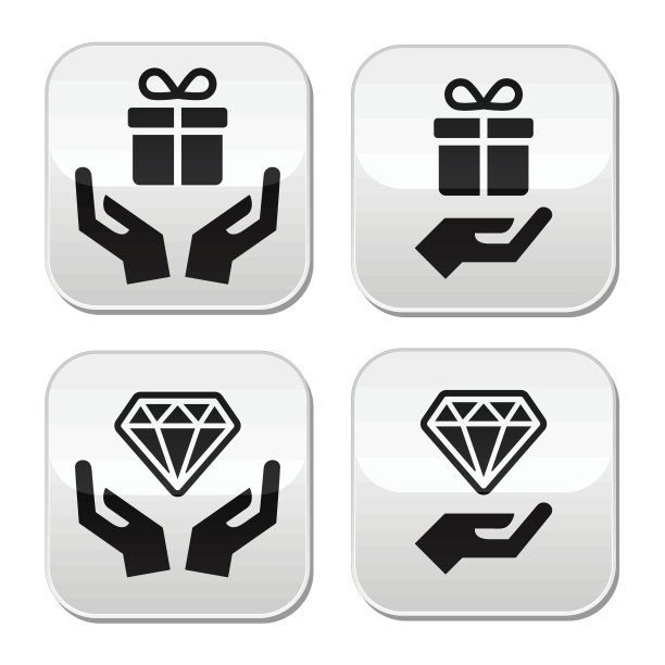 手与礼物和钻石纽扣设置图片下载