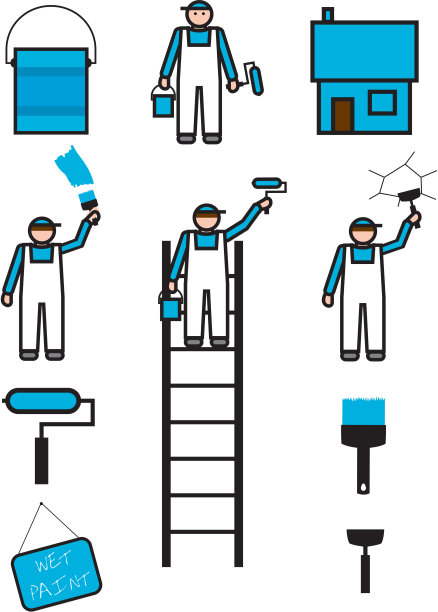 工人和他们的工具的图标粉刷和修理一个家。(向量)图片下载