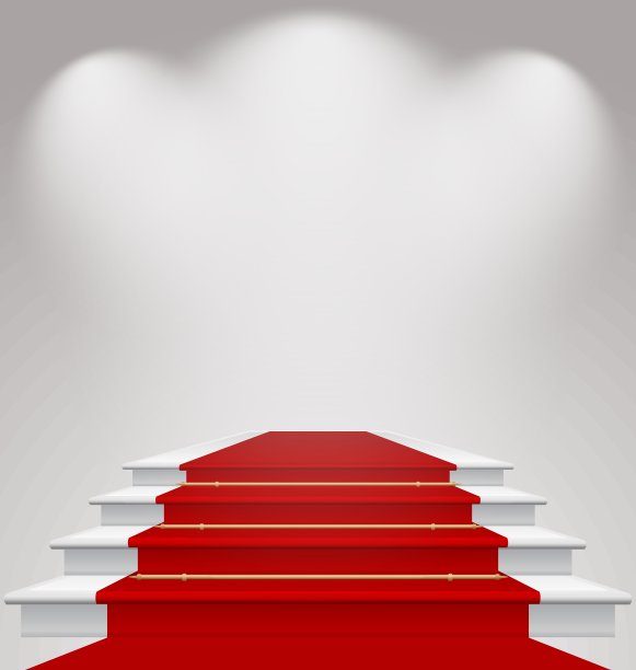 楼梯上铺着红地毯，灯火通明图片下载