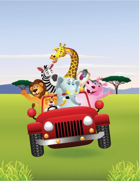 红色汽车里的非洲动物图片下载