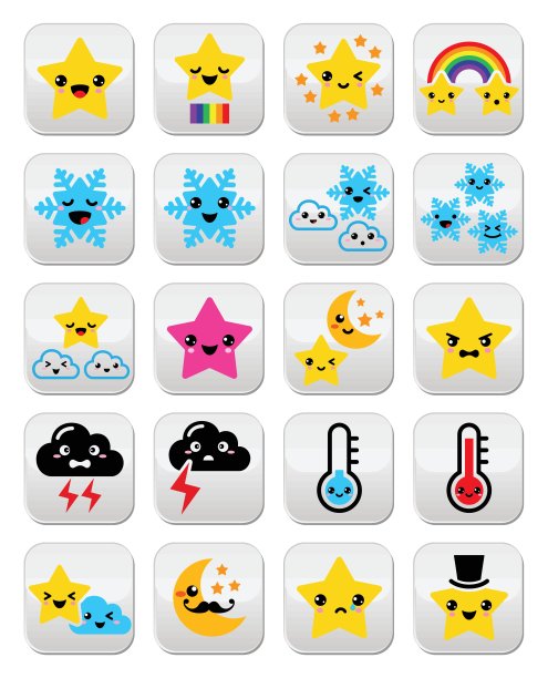 可爱的天气卡哇伊钮扣，星星，彩虹，月亮，雪花，雷声和云图片下载