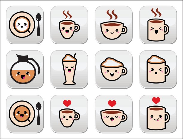 可爱的咖啡，卡布奇诺和特浓卡哇伊按钮设置-向量图片下载