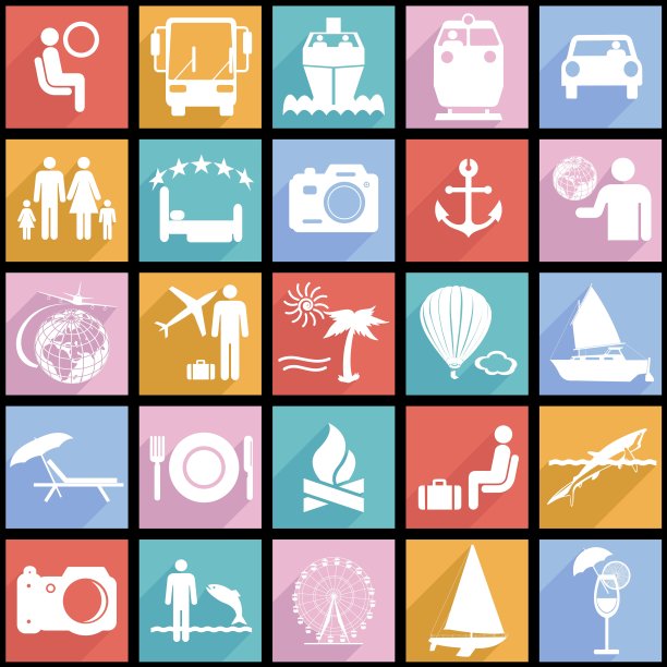 收集带有长阴影的平面图标。旅游符号。向量图片下载