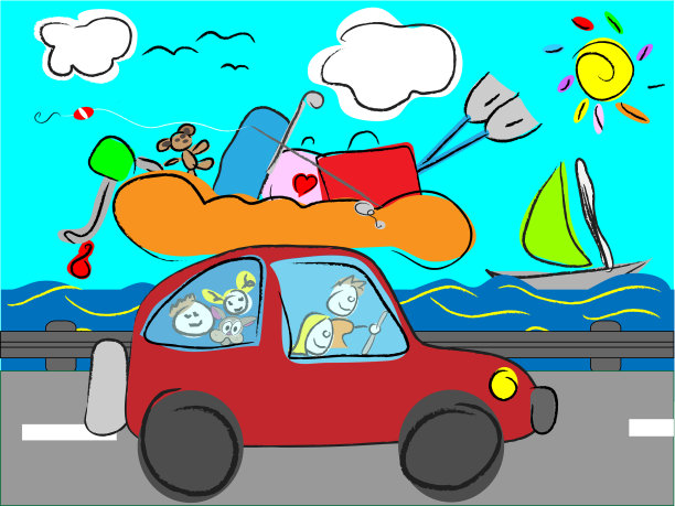 卡通快乐的家庭旅行度假与有趣的汽车与行李图片下载