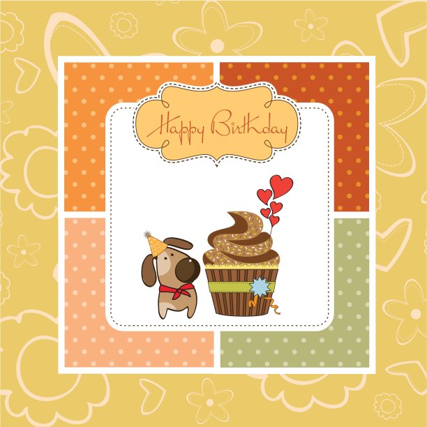 有纸杯蛋糕和小狗的生日贺卡图片下载