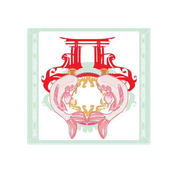 日本锦鲤与古代建筑-抽象框架图片下载