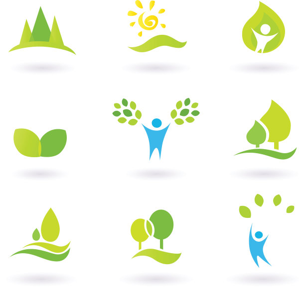 树、树叶和生态矢量图标集(蓝色和绿色)图片下载