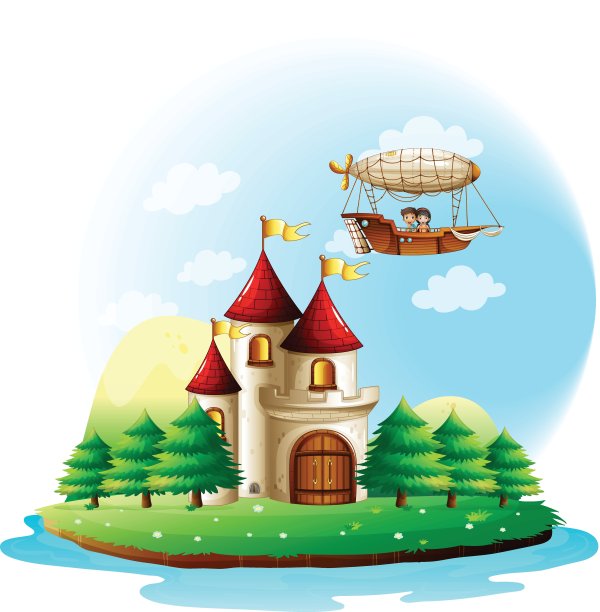 一个女孩和一个男孩在城堡上方的飞机上图片下载