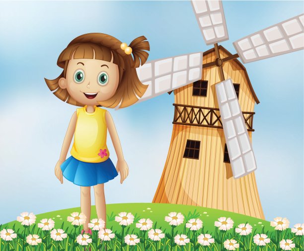 一个年轻的女孩在山顶上驾驶着风车图片下载