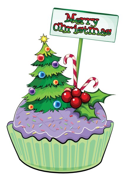 一个有圣诞树和卡片的纸杯蛋糕图片下载