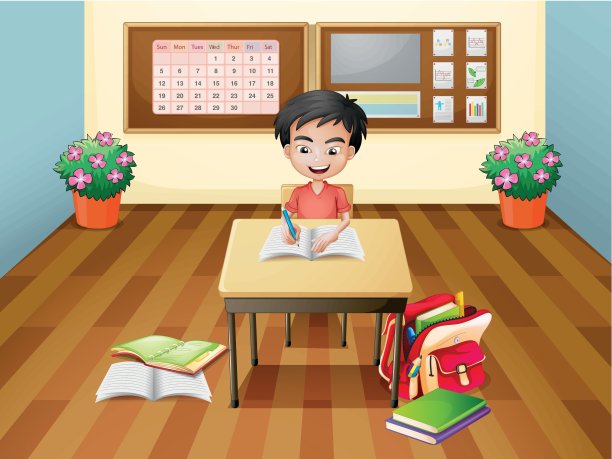 一个男孩在桌子上写字图片下载