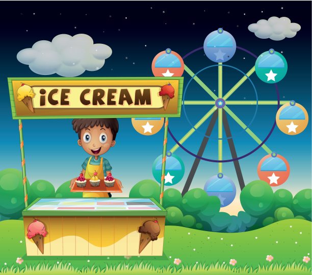 一个在摩天轮旁边有冰淇淋摊的男孩图片下载