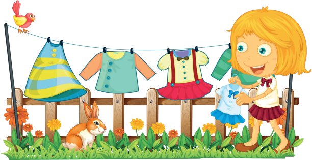 一个女孩在花园里晾衣服图片下载