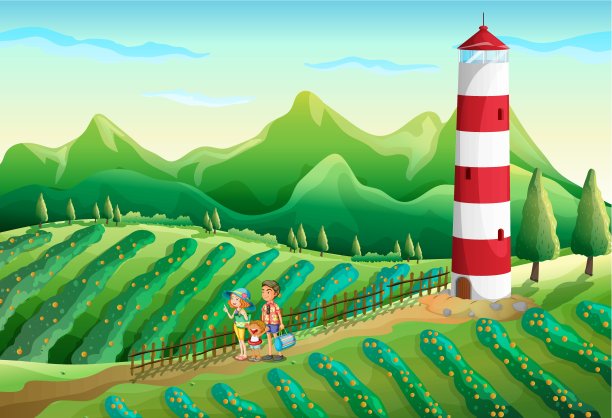 塔附近的农场里有一家人图片下载