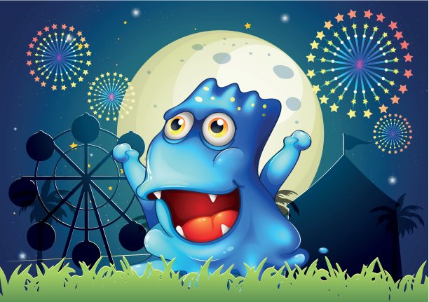 一只蓝色的怪物在尼中央的狂欢节上漫步图片下载