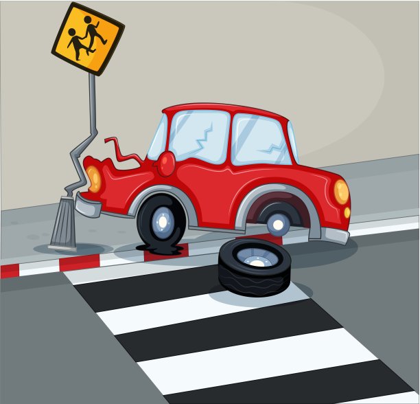 一辆红色汽车撞在人行道附近的指示牌上图片下载