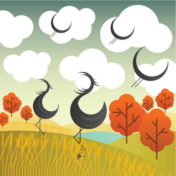 向量秋天景观与鹤鸟和树木图片下载