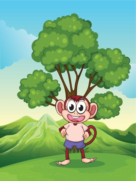 一只可爱顽皮的猴子站在山顶的树下图片下载