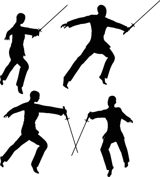空手道武术剪影的男人和女人在剑战空手道姿势图片下载