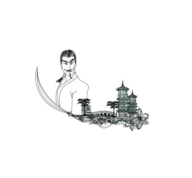 日本武士在亚洲景观-涂鸦矢量插图图片下载