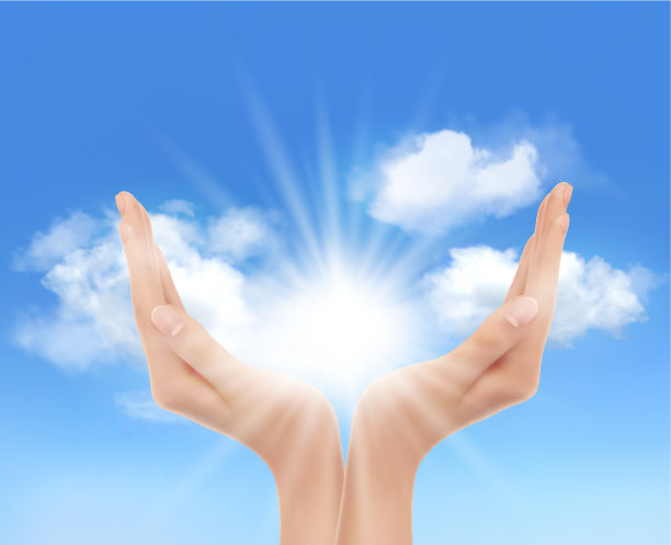 双手捧着灿烂的阳光。向量。图片下载