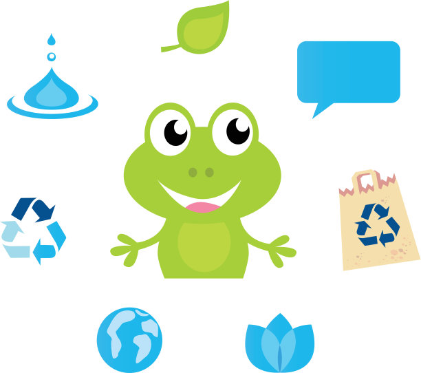 可爱的绿色青蛙角色，生态，自然和水的图标和符号图片下载
