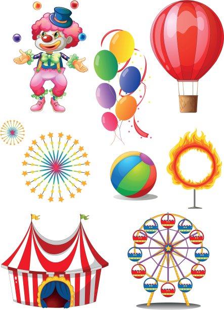 一个小丑用不同的马戏团道具玩球图片下载