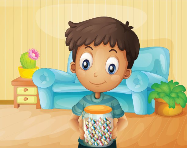 屋里有个男孩拿着一罐糖果图片下载