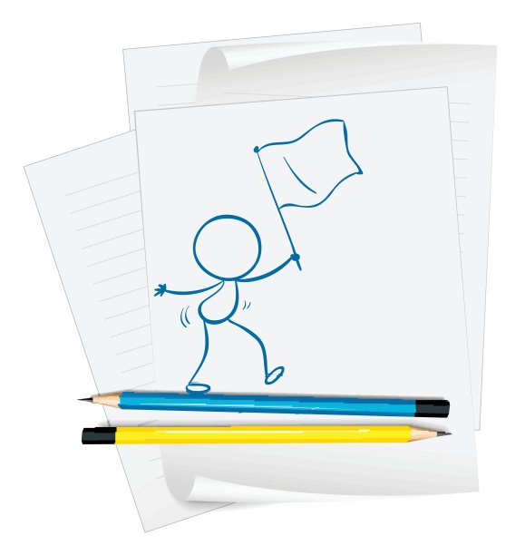 画有一个举着旗子的人的素描的纸图片下载