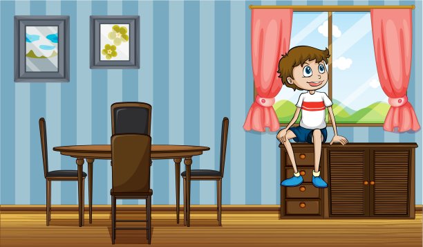 一个男孩坐在靠近窗户的柜子上面图片下载