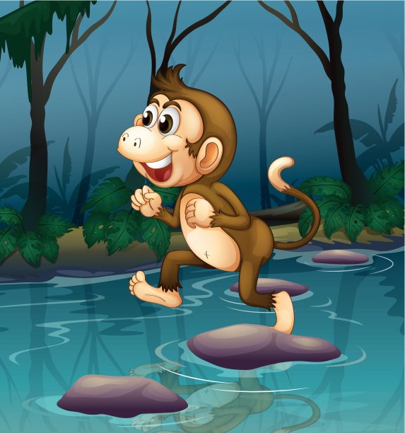 一只猴子在过河时微笑着图片下载