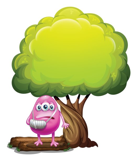 巨大的树下站着一个受伤的粉色无檐小怪物图片下载