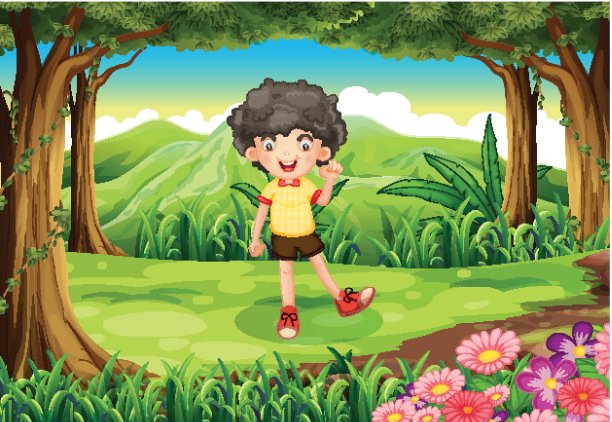 一个卷发男孩在森林里图片下载