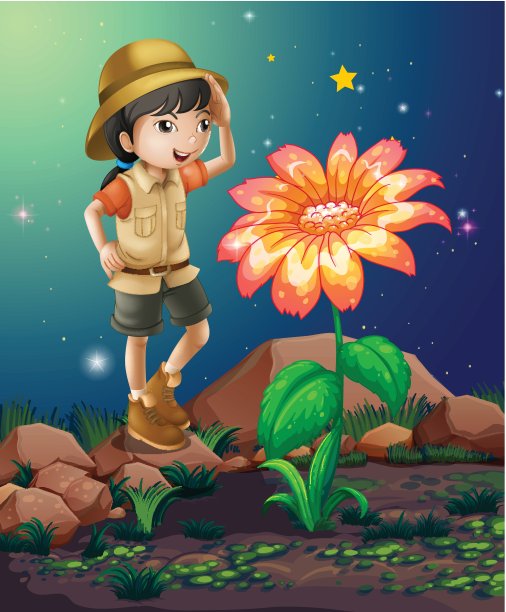 一个女童子军在巨大的花旁边图片下载