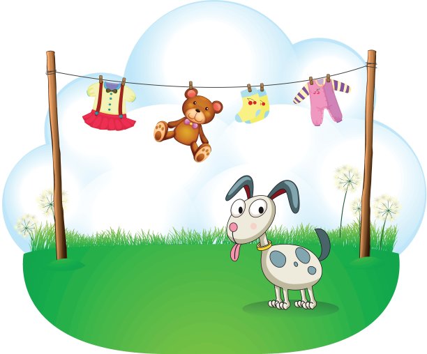 一只小狗靠近挂着的婴儿衣服图片下载