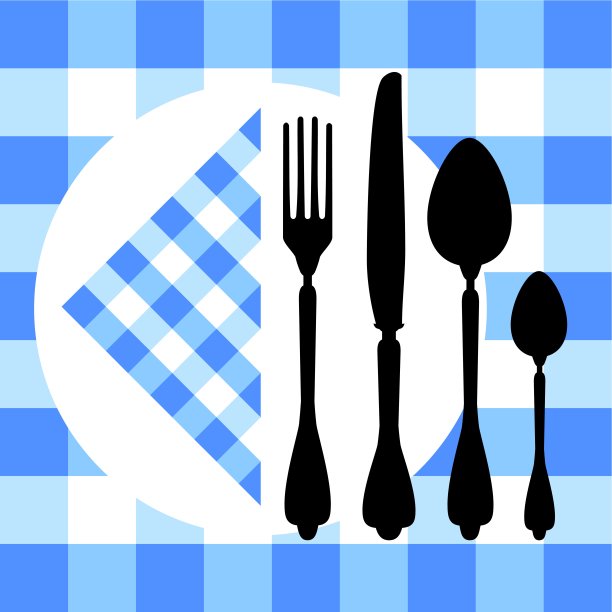 在蓝色桌布上设计刀叉轮廓图片下载