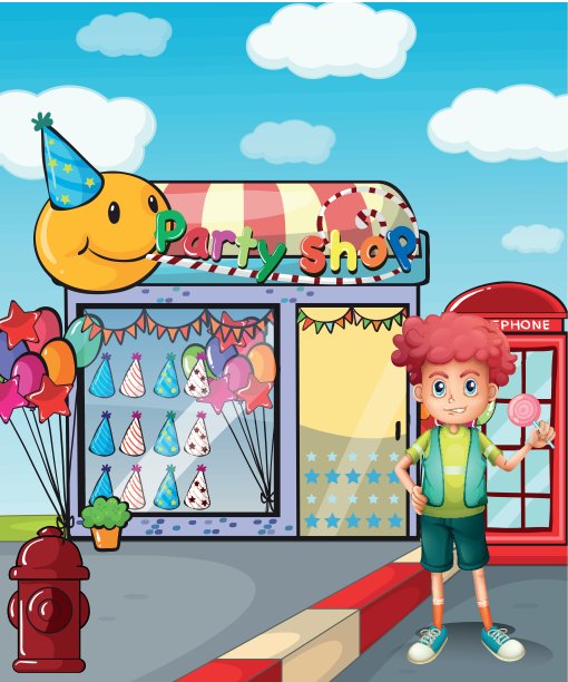 一个男孩在派对商店外拿着棒棒糖图片下载