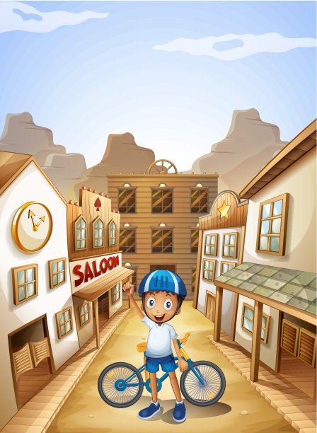 一个男孩和他的自行车在酒吧附近图片下载