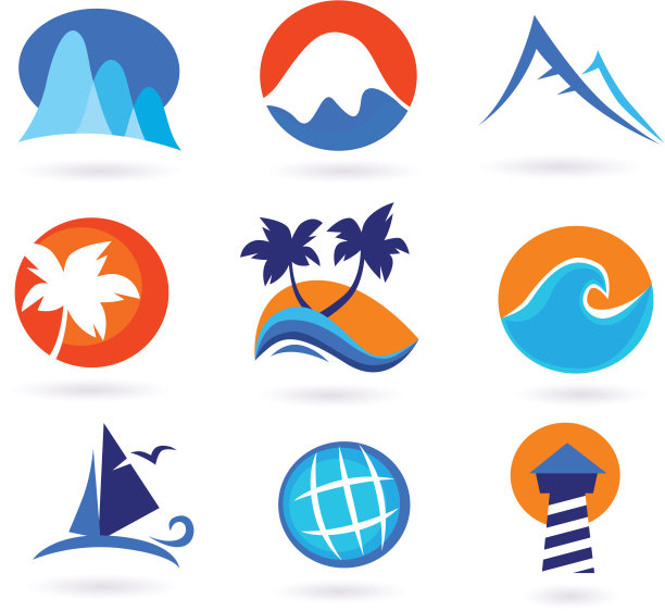 度假、旅游和夏季假日的标志——红色、橙色、蓝色图片下载