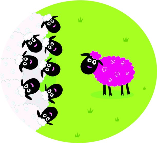 一只粉红色的羊在白色的羊群中显得很孤独图片下载