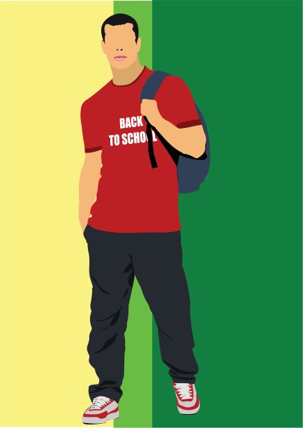 穿着"回学校" t恤的年轻人。矢量图图片下载