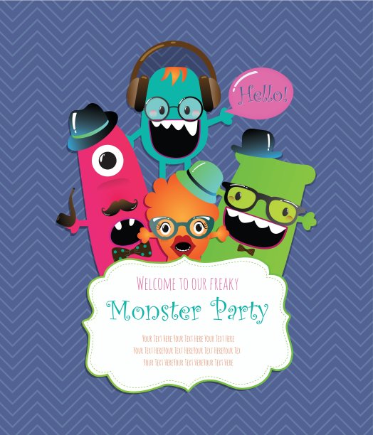 怪物派对卡片设计。矢量图图片下载