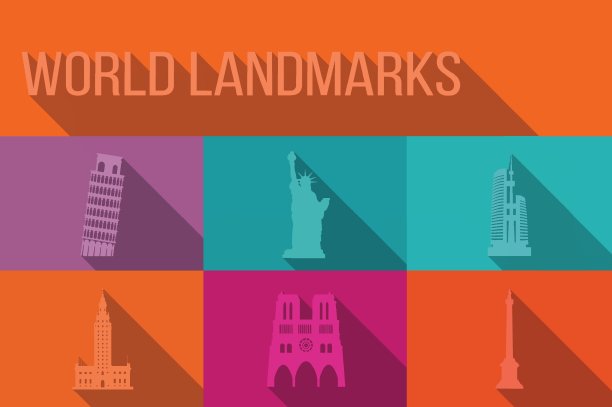 世界地标，著名建筑，欧洲，美洲，亚洲，矢量图片下载