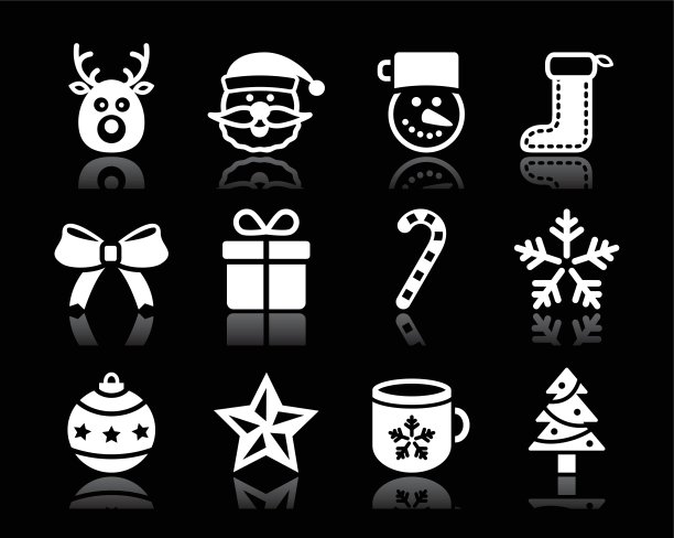圣诞节白色图标与阴影设置在黑色图片下载