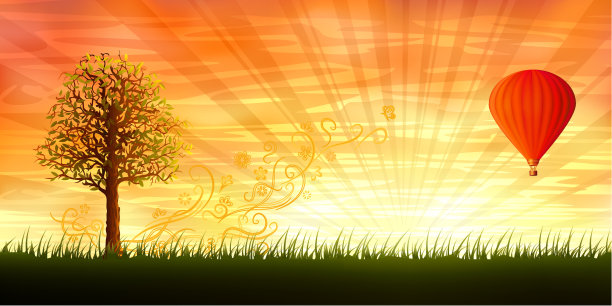 晚树和热气球图片下载
