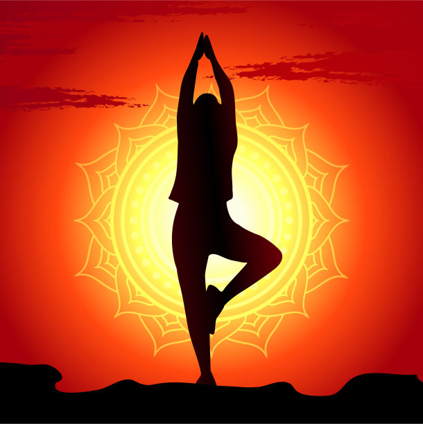 矢量插图瑜伽姿势在日落背景图片下载