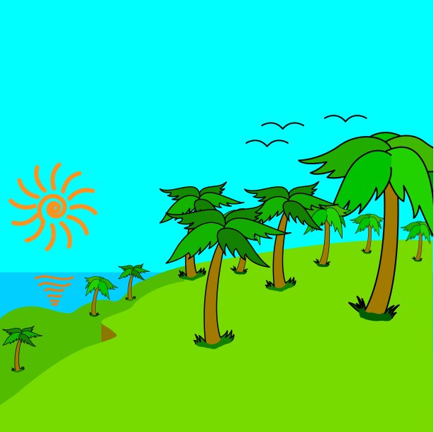 日落时热带岛屿上的热带棕榈树。向量illustra图片下载