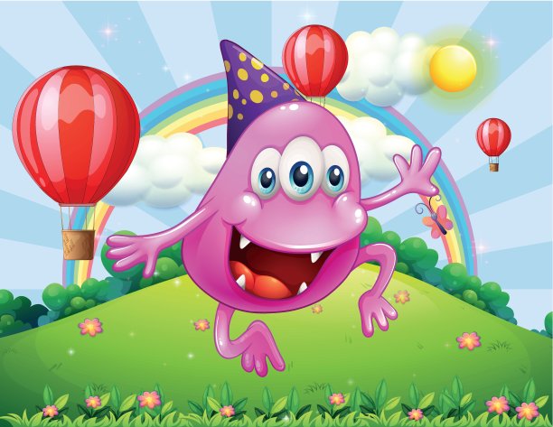 一个快乐的粉色无檐小怪物在山顶上跳图片下载