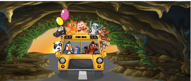 一辆装满动物的公共汽车在山洞里图片下载